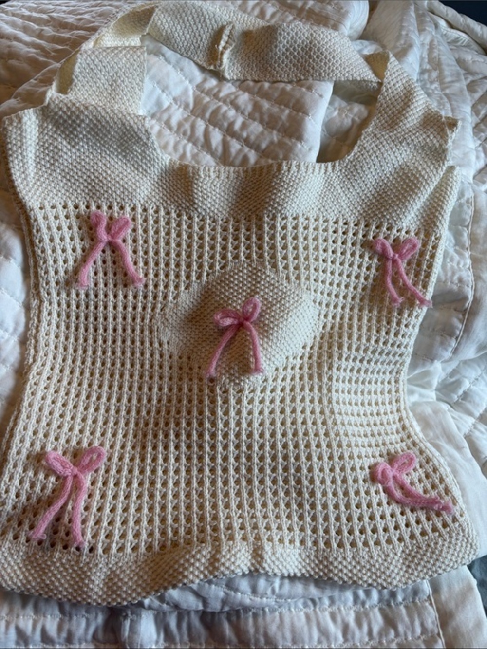 Crochet cream Bow Tote Bag Beach Knitted  Purses  Pink  Shoulder Handbags